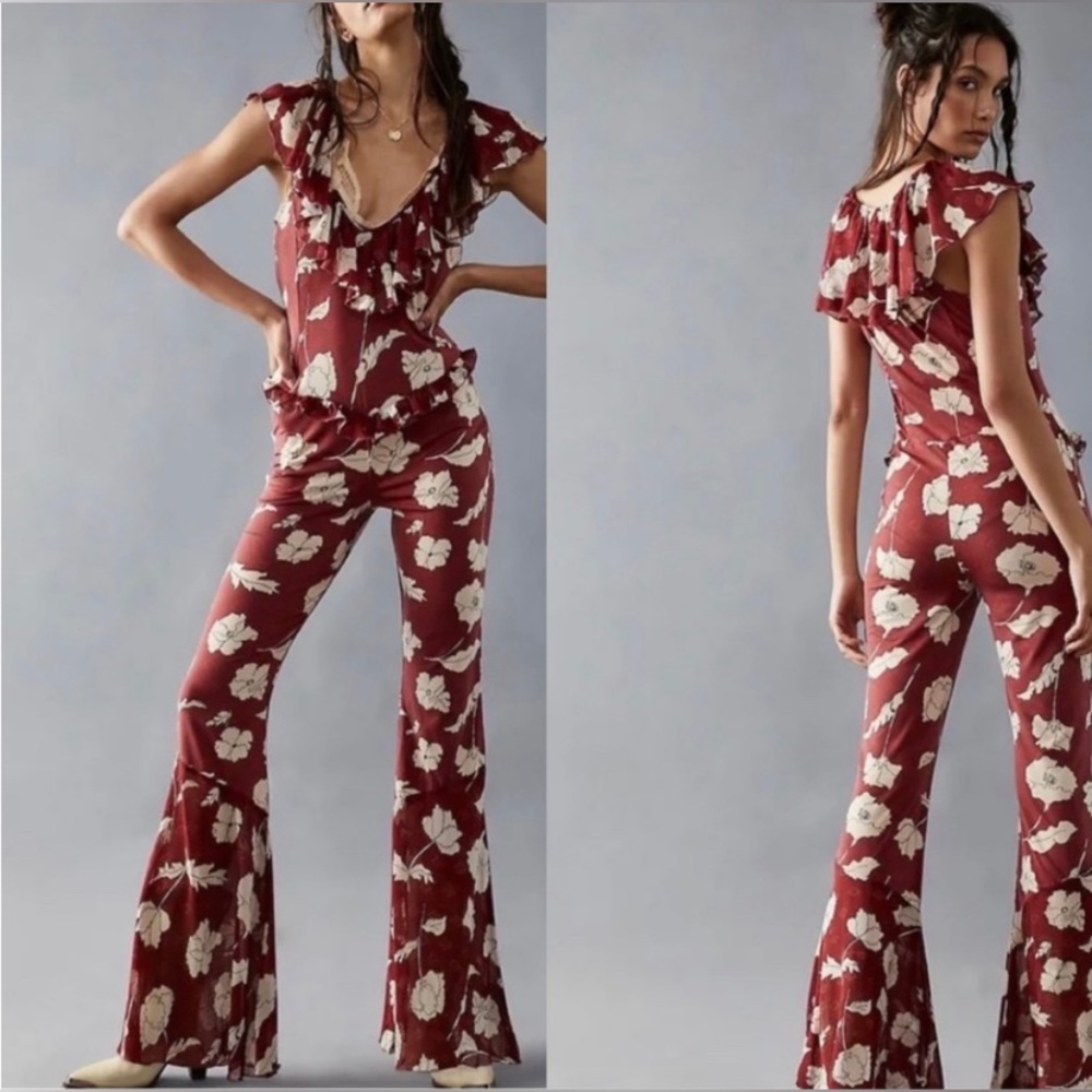 NWOT Free People Austyn Floral Ruffle Flare Leg Jumpsuit